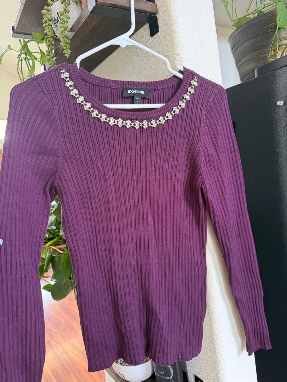 Express Purple Ribbed Jewel-Neck Sweater